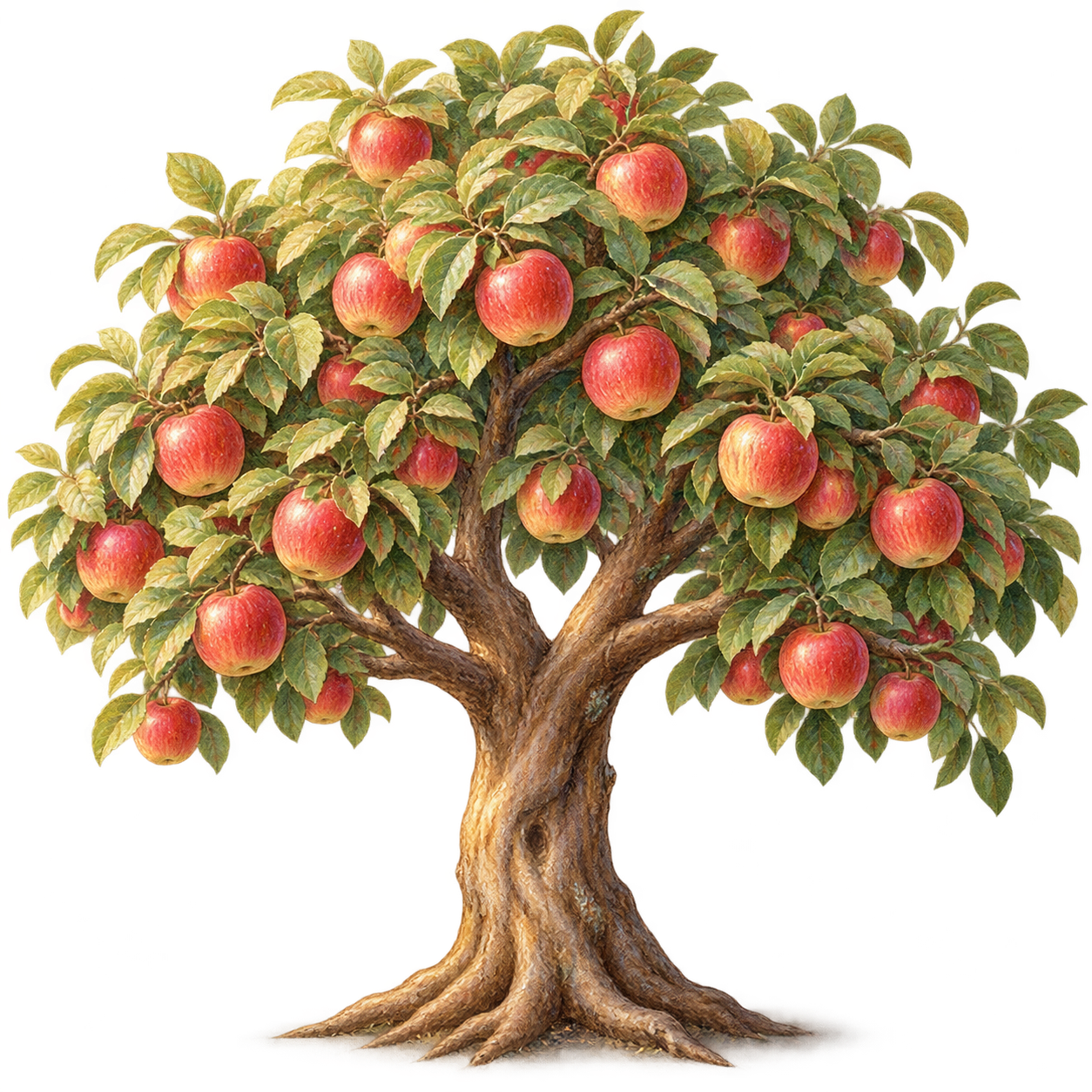 A hand-painted Fuji apple tree full of ripe apples